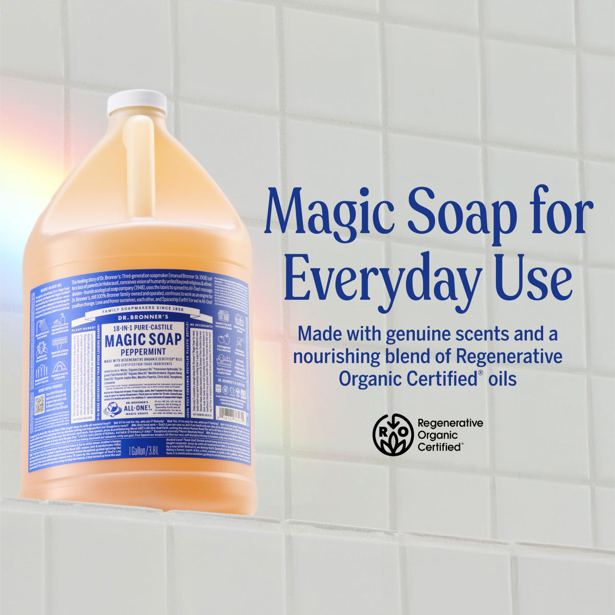 Dr. Bronner's pouring soap into measuring cup showing concentrate use and savings