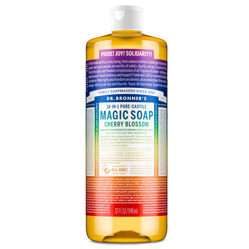 Dr. Bronner's Pride Cherry Blossom bottle front view showing label and size