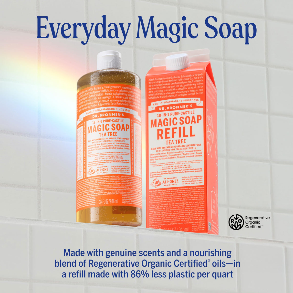 Dr. Bronner's pump dispensing lather for easy dosing and efficient use