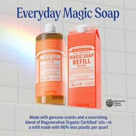 Dr. Bronner's pump dispensing lather for easy dosing and efficient use