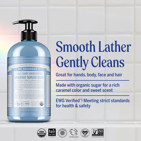 Dr. Bronner's pump dispensing creamy lather for gentle cleansing