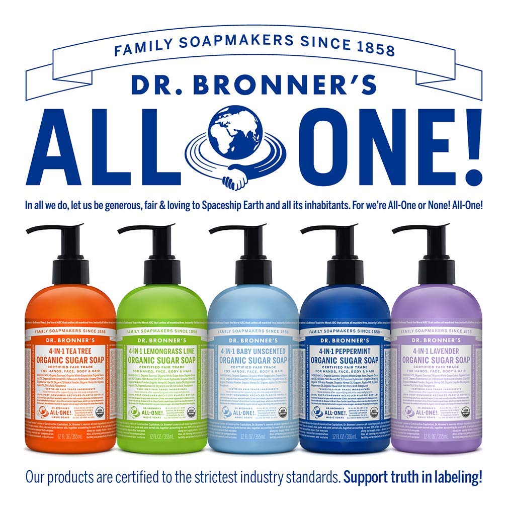 Dr. Bronner's recycled plastic bottle with recycling logo, emphasizes sustainable packaging