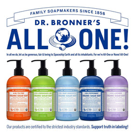 Dr. Bronner's recycled plastic bottle with recycling logo, emphasizes sustainable packaging