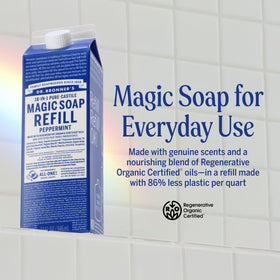 Dr. Bronner's refill carton side label highlighting regenerative organic oils