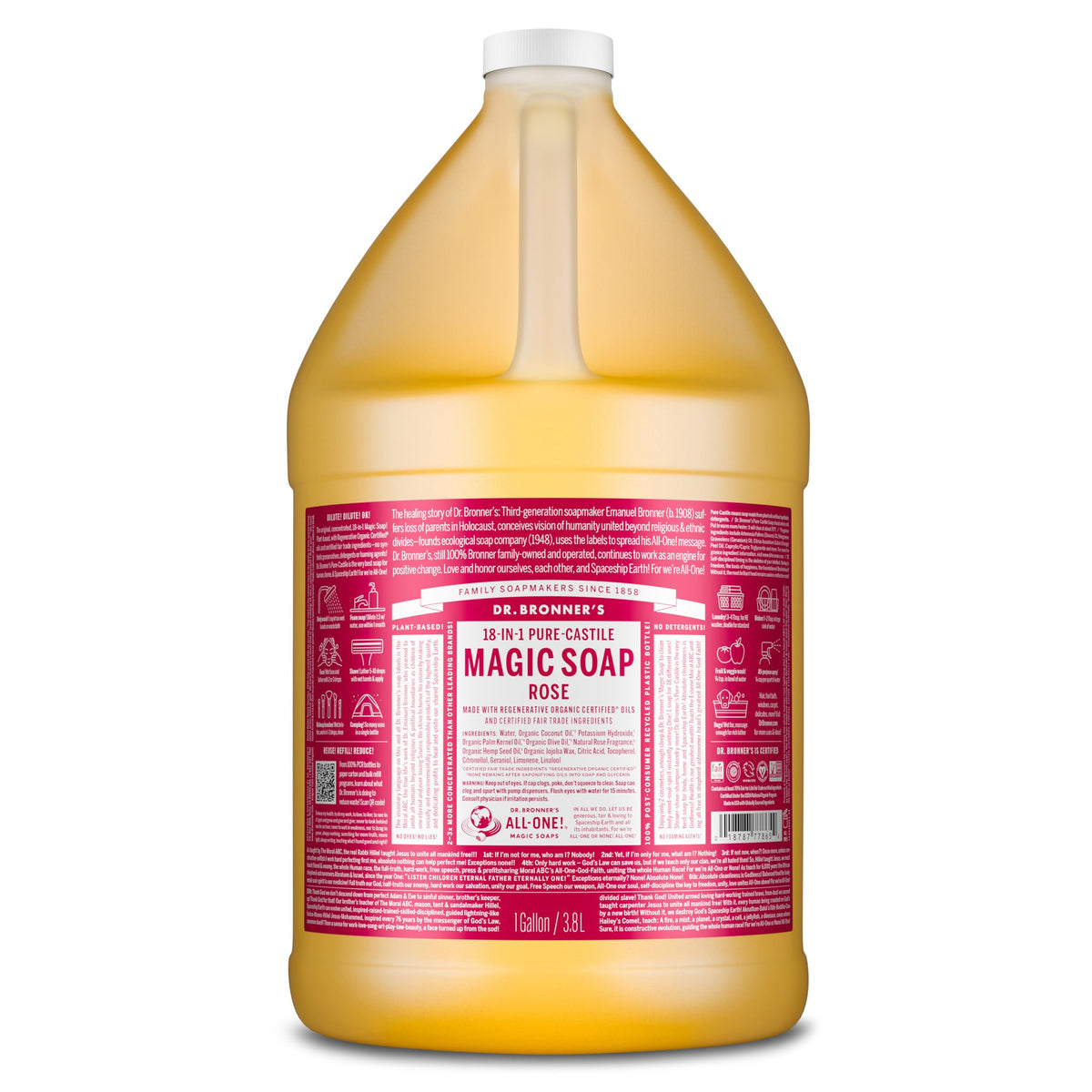 Dr. Bronner's rose 1 gallon front label showing organic ingredients and size benefits