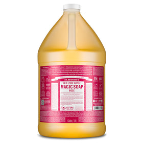Dr. Bronner's rose 1 gallon front label showing organic ingredients and size benefits