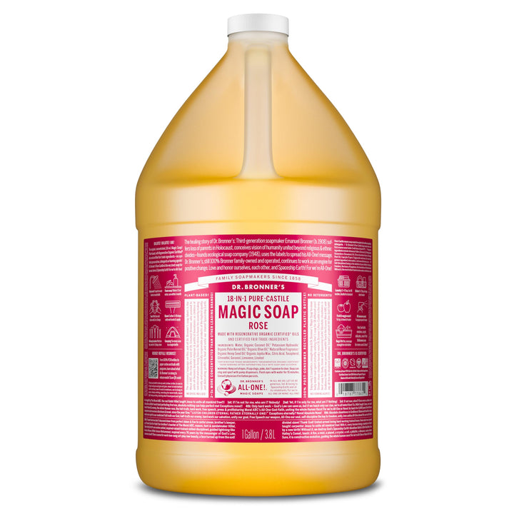 Dr. Bronner's rose 1 gallon front label showing organic ingredients and size benefits