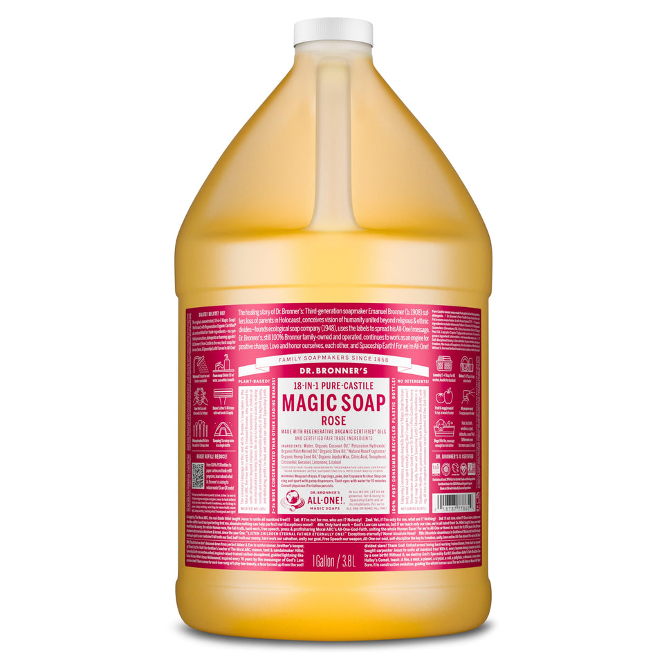 Dr. Bronner's rose 1 gallon front label showing organic ingredients and size benefits
