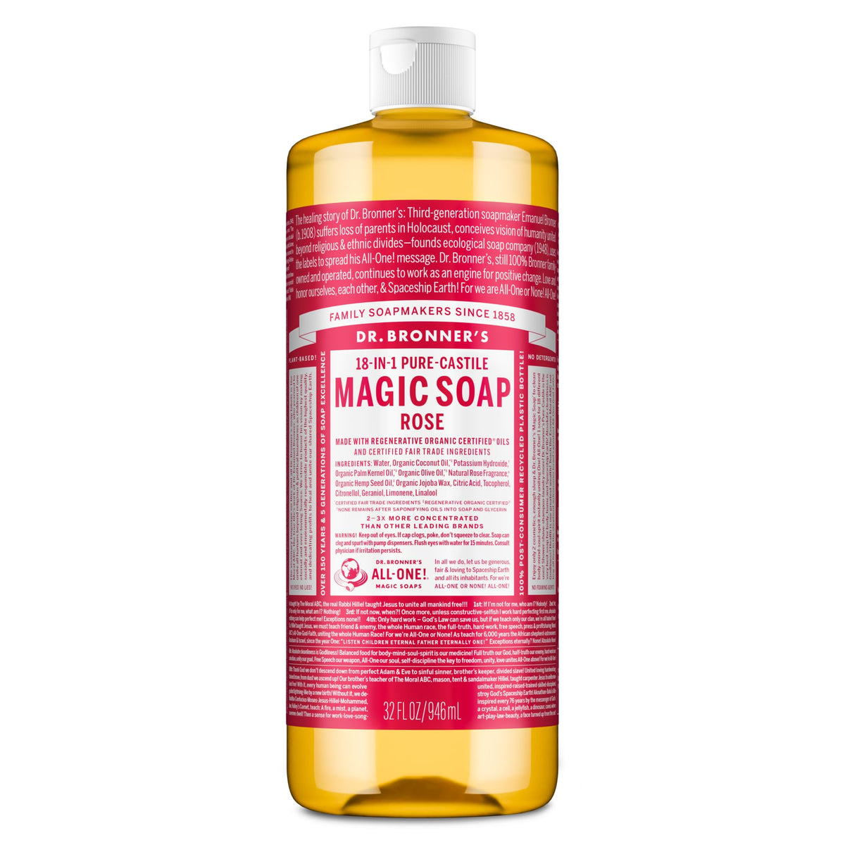 Dr. Bronner's rose 32 oz front bottle showing label and scent benefit
