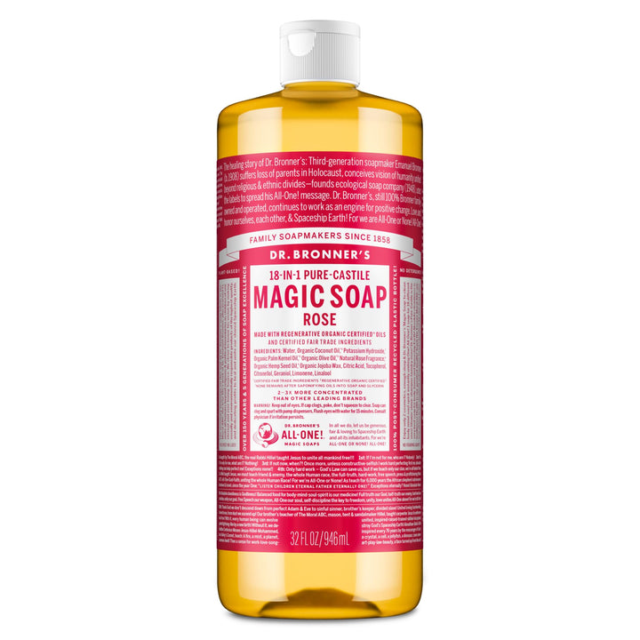Dr. Bronner's rose 32 oz front bottle showing label and scent benefit