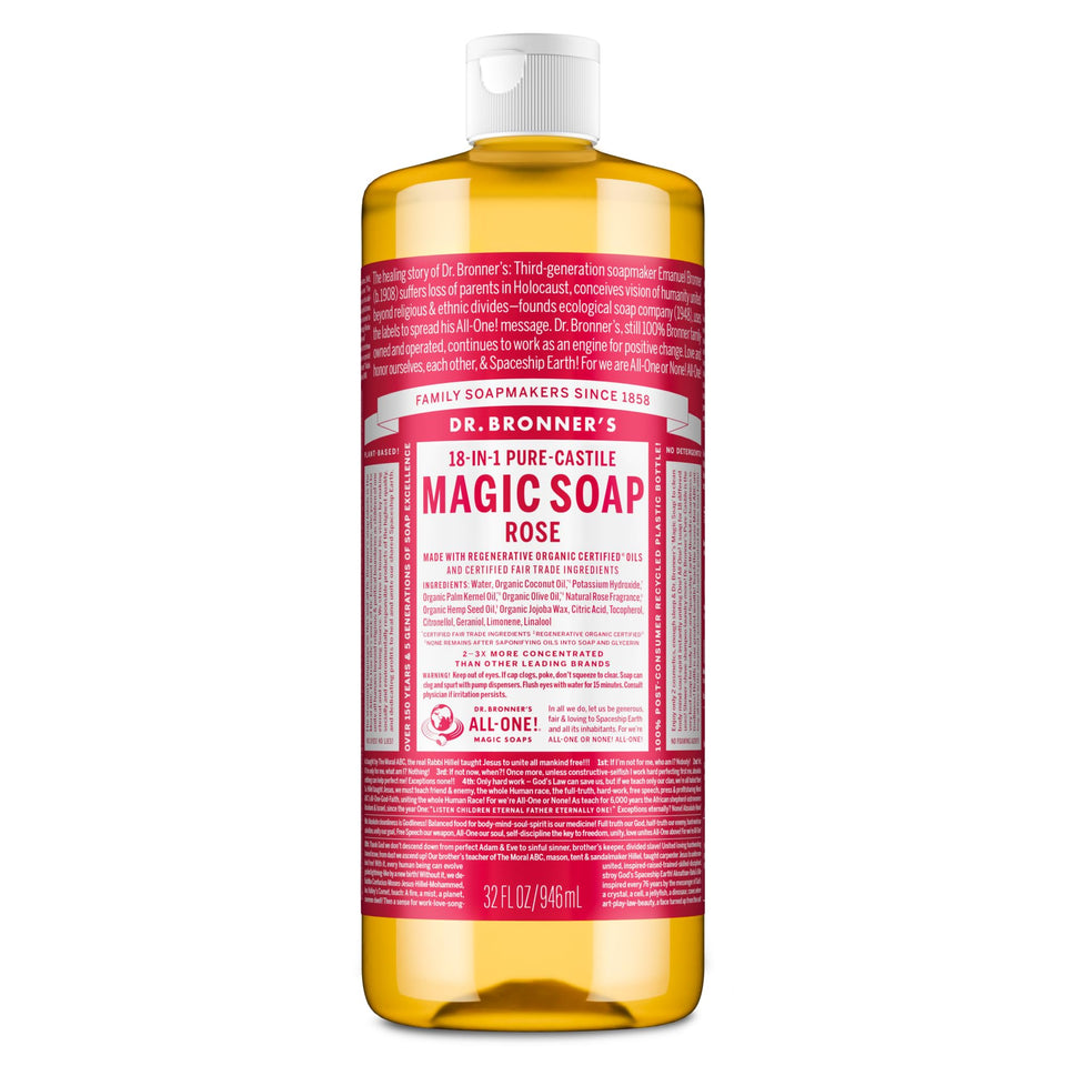 Dr. Bronner's rose 32 oz front bottle showing label and scent benefit