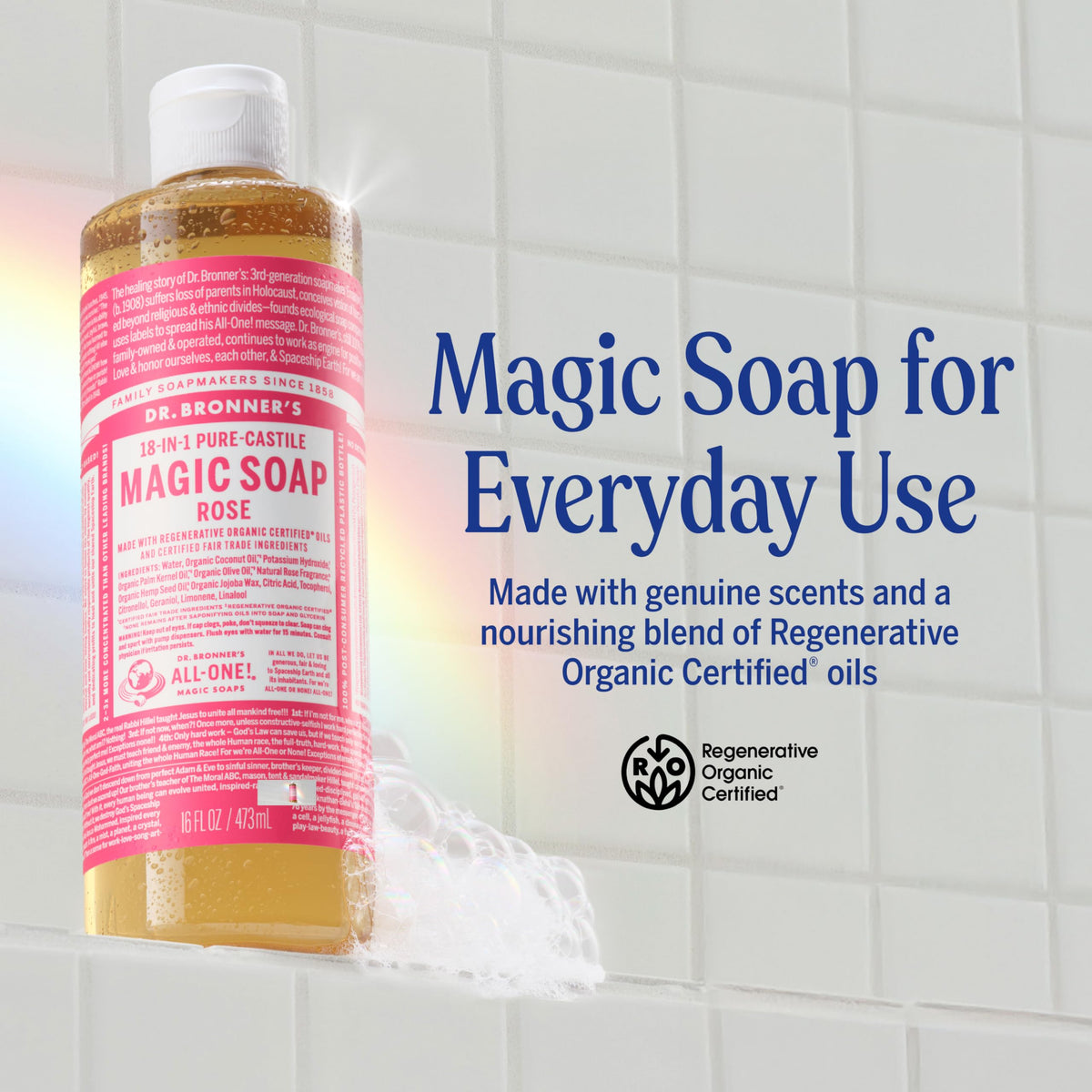 Dr. Bronner's rose close-up label highlighting organic and fair-trade claims