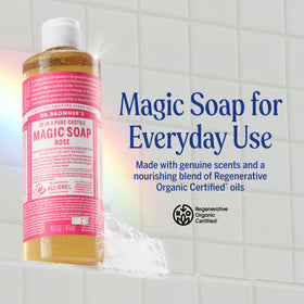 Dr. Bronner's rose close-up label highlighting organic and fair-trade claims