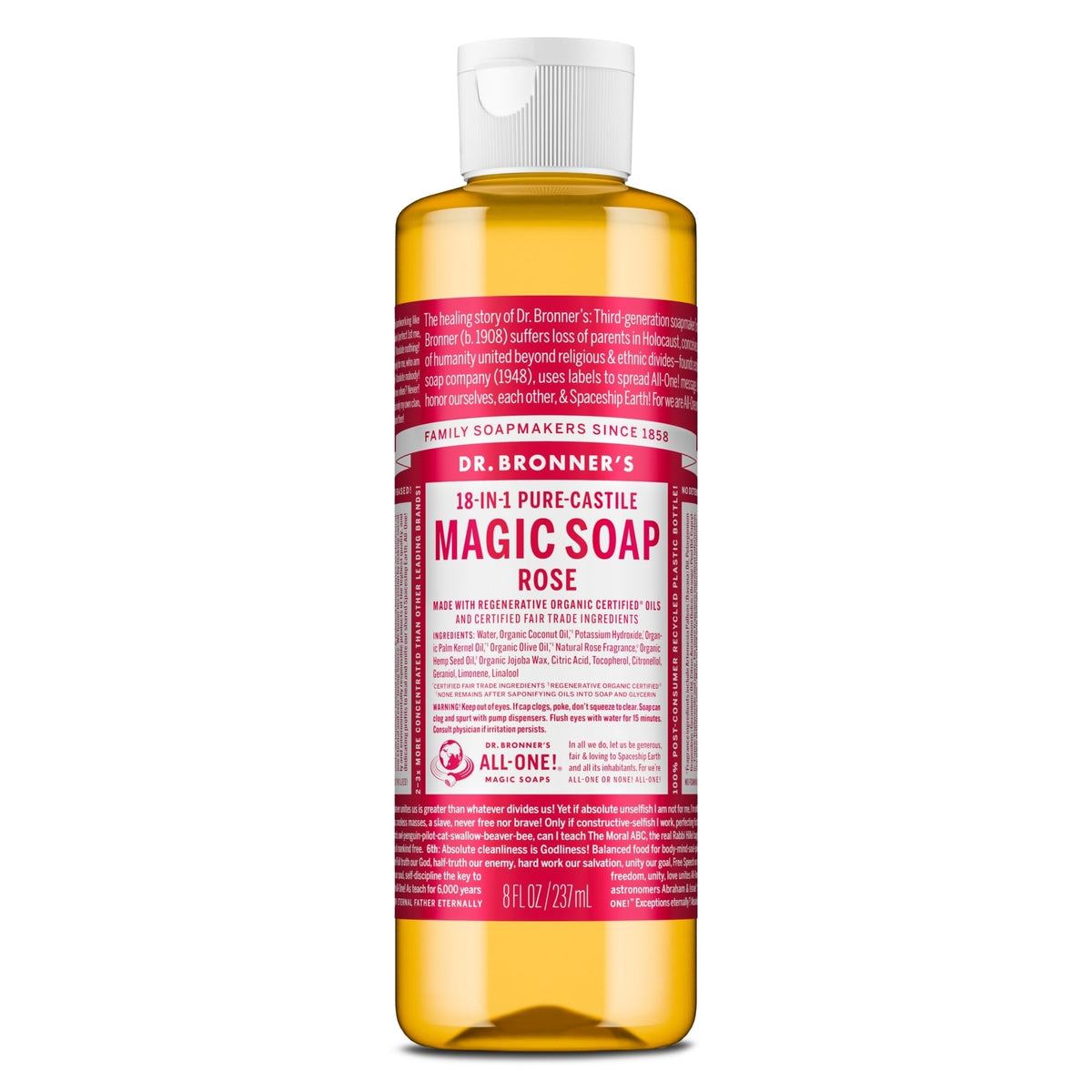 Dr. Bronner's front bottle showing rose label and benefits