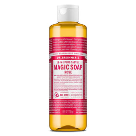 Dr. Bronner's front bottle showing rose label and benefits