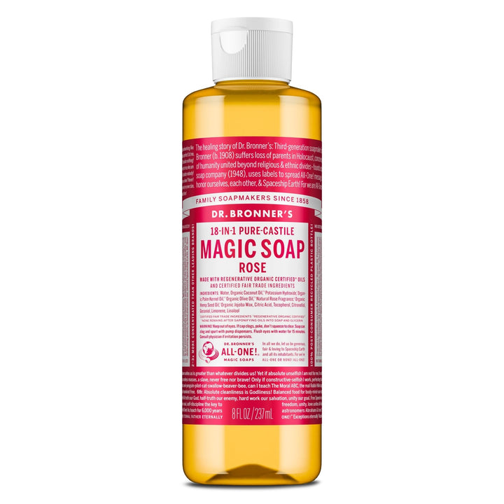 Dr. Bronner's front bottle showing rose label and benefits