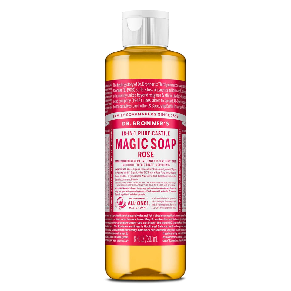 Dr. Bronner's front bottle showing rose label and benefits