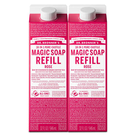 Dr. Bronner's rose front carton showing packaging and eco refill benefit