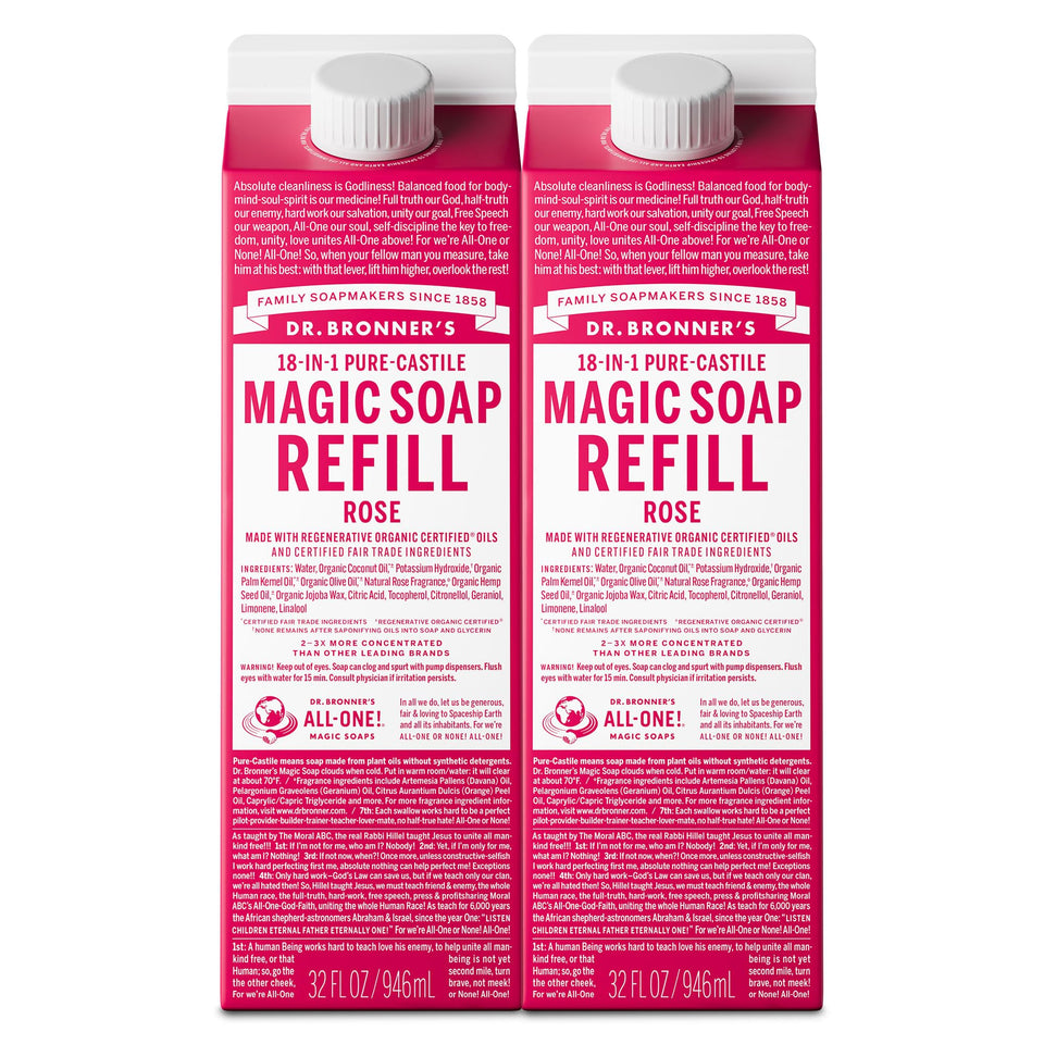 Dr. Bronner's rose front carton showing packaging and eco refill benefit