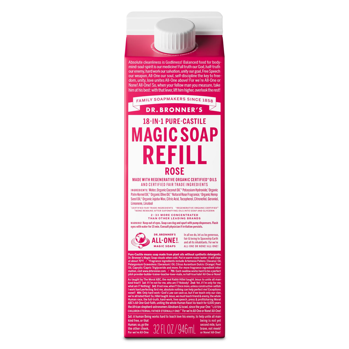 Dr. Bronner's rose carton front view showing brand and refill benefit