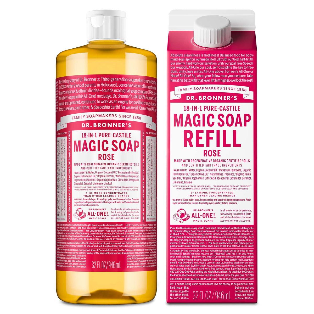 Dr. Bronner's front label showing rose bottle and organic claims for clarity