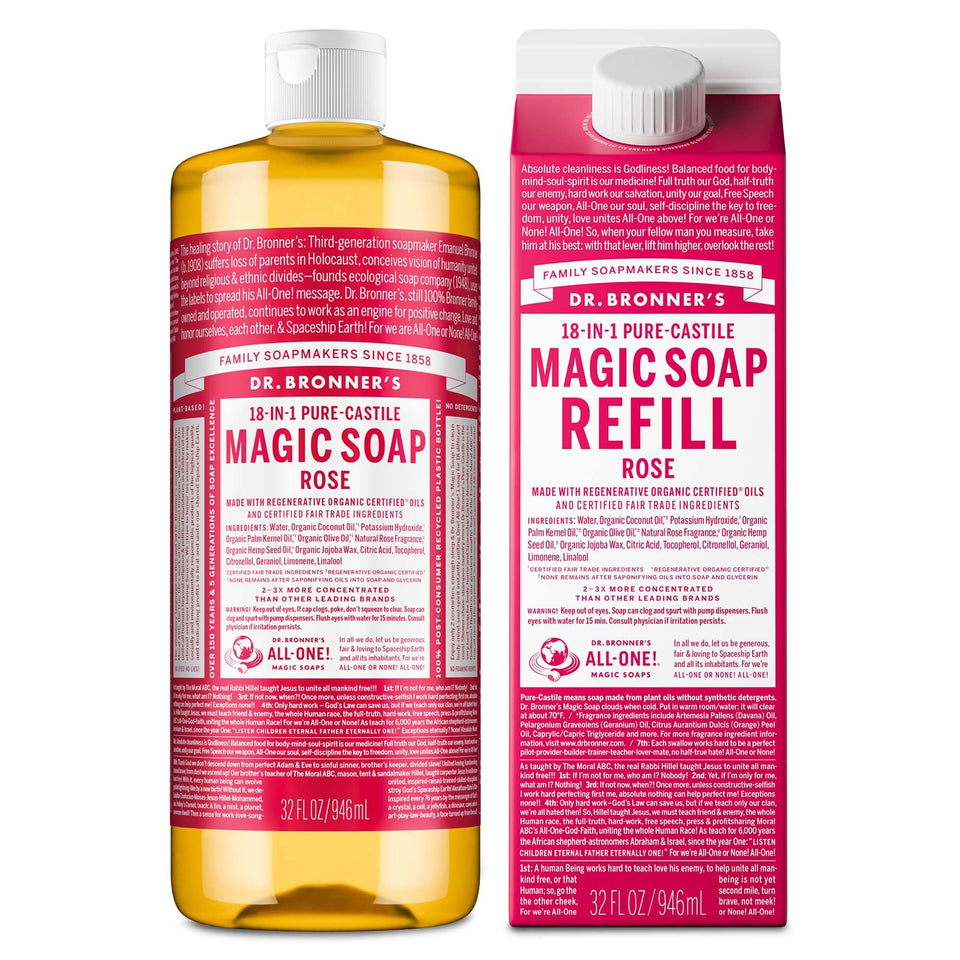 Dr. Bronner's front label showing rose bottle and organic claims for clarity