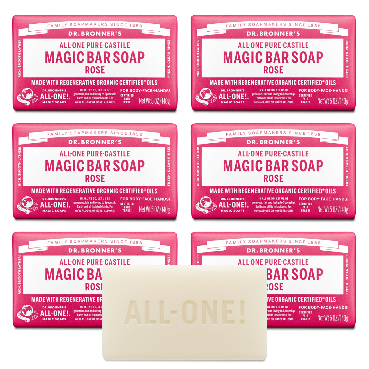 Dr. Bronner's rose bar front packaging showing product and scent, highlights eco benefits