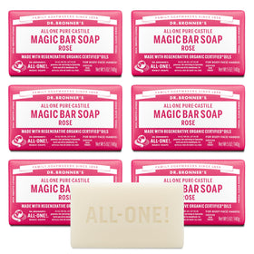 Dr. Bronner's rose bar front packaging showing product and scent, highlights eco benefits