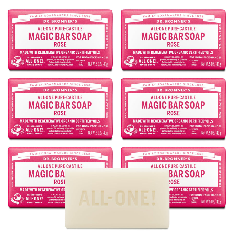 Dr. Bronner's rose bar front packaging showing product and scent, highlights eco benefits