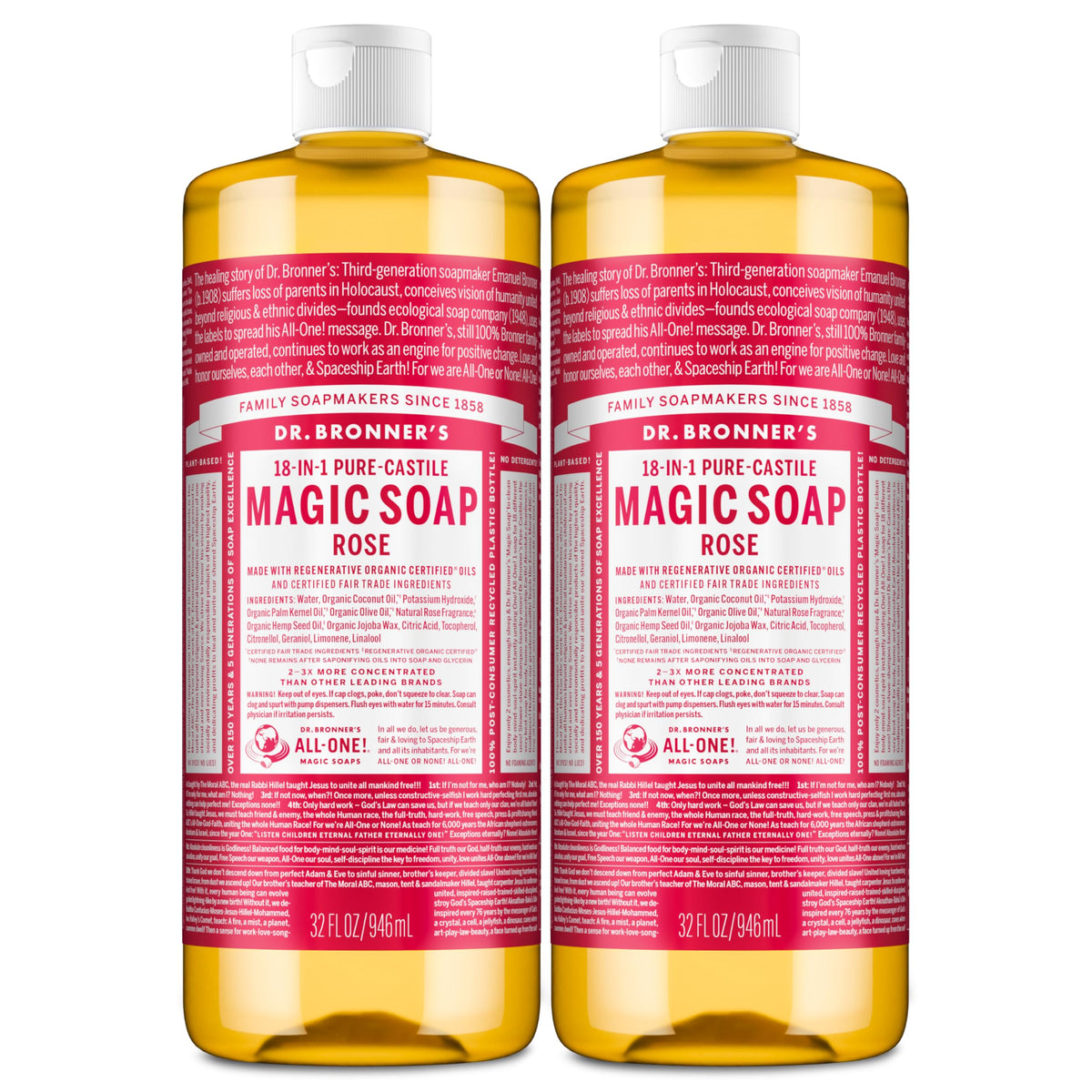 Dr. Bronner's rose front packaging showing two 32 oz bottles and benefits