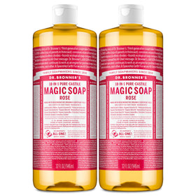 Dr. Bronner's rose front packaging showing two 32 oz bottles and benefits