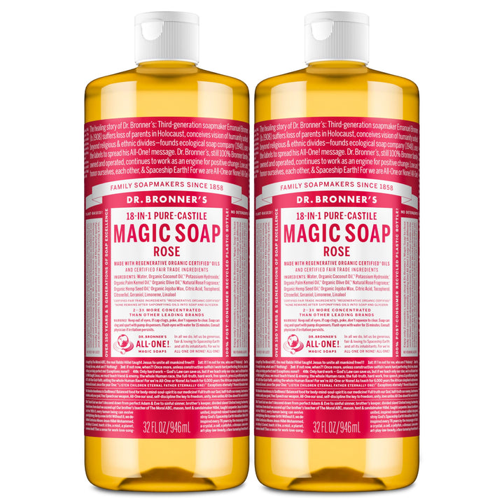 Dr. Bronner's rose front packaging showing two 32 oz bottles and benefits
