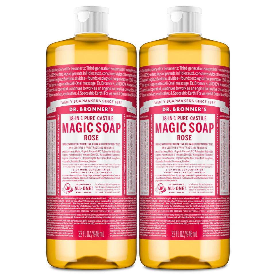 Dr. Bronner's rose front packaging showing two 32 oz bottles and benefits