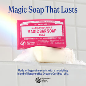 Dr. Bronner's rose soap rich lather closeup demonstrating creamy foam and clean rinse
