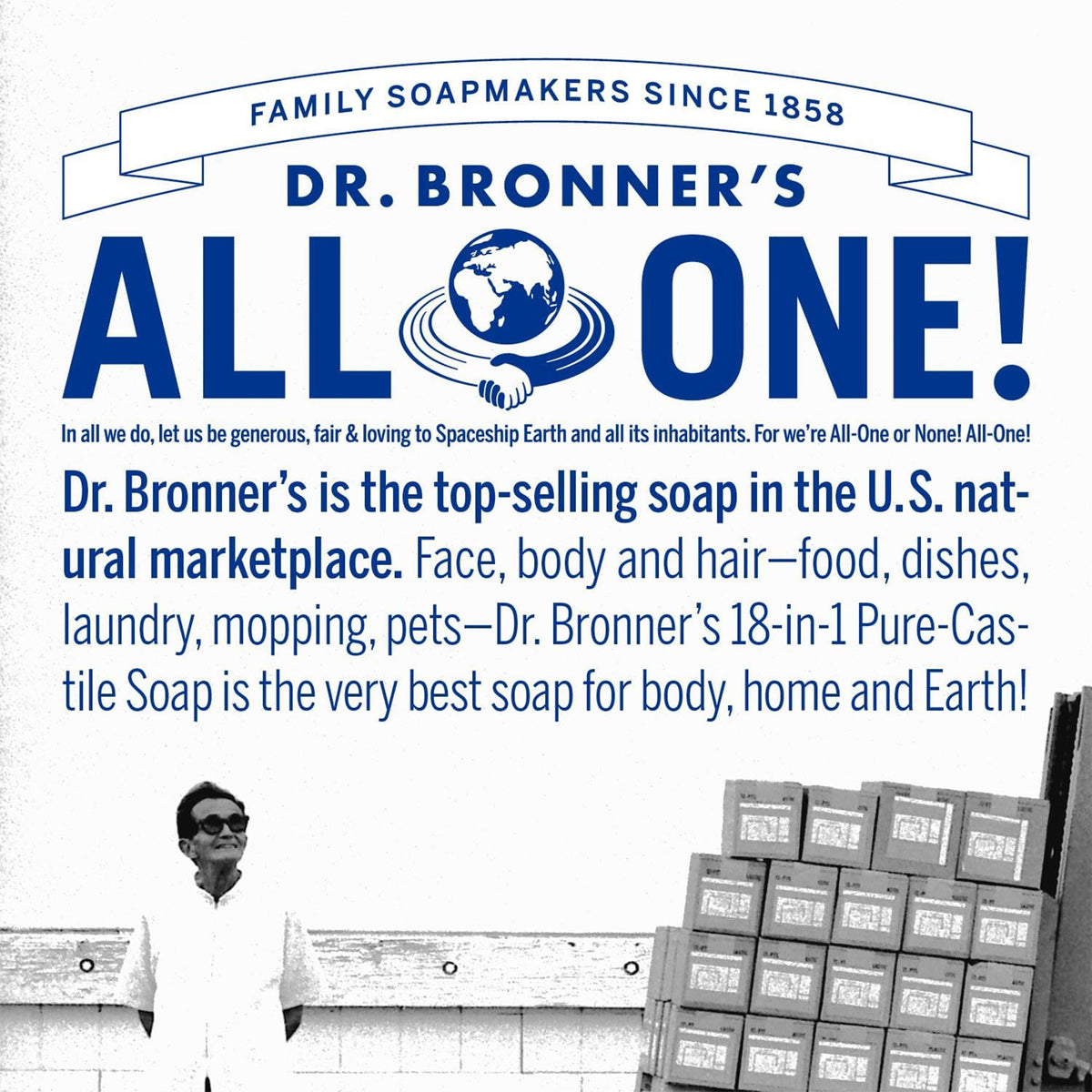 Dr. Bronner's bottle next to hand illustrating 25 oz value and longevity