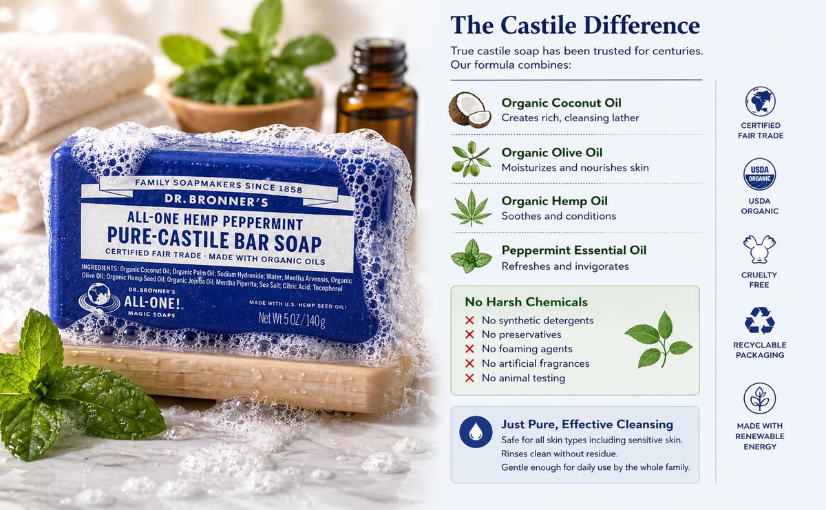 Dr. Bronner's single bar front label highlighting organic ingredients and ethical sourcing