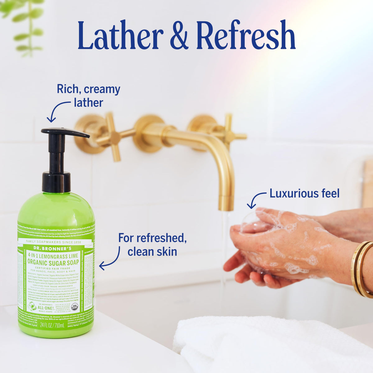Dr. Bronner's bottle held in hand showing 24 ounce size and travel scale