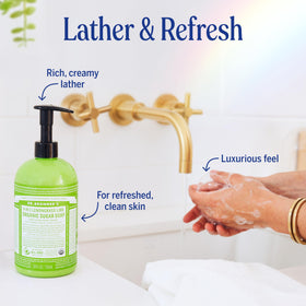 Dr. Bronner's bottle held in hand showing 24 ounce size and travel scale