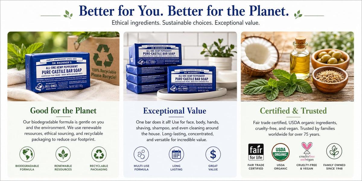 Dr. Bronner's soap bar producing creamy lather for gentle, effective cleansing