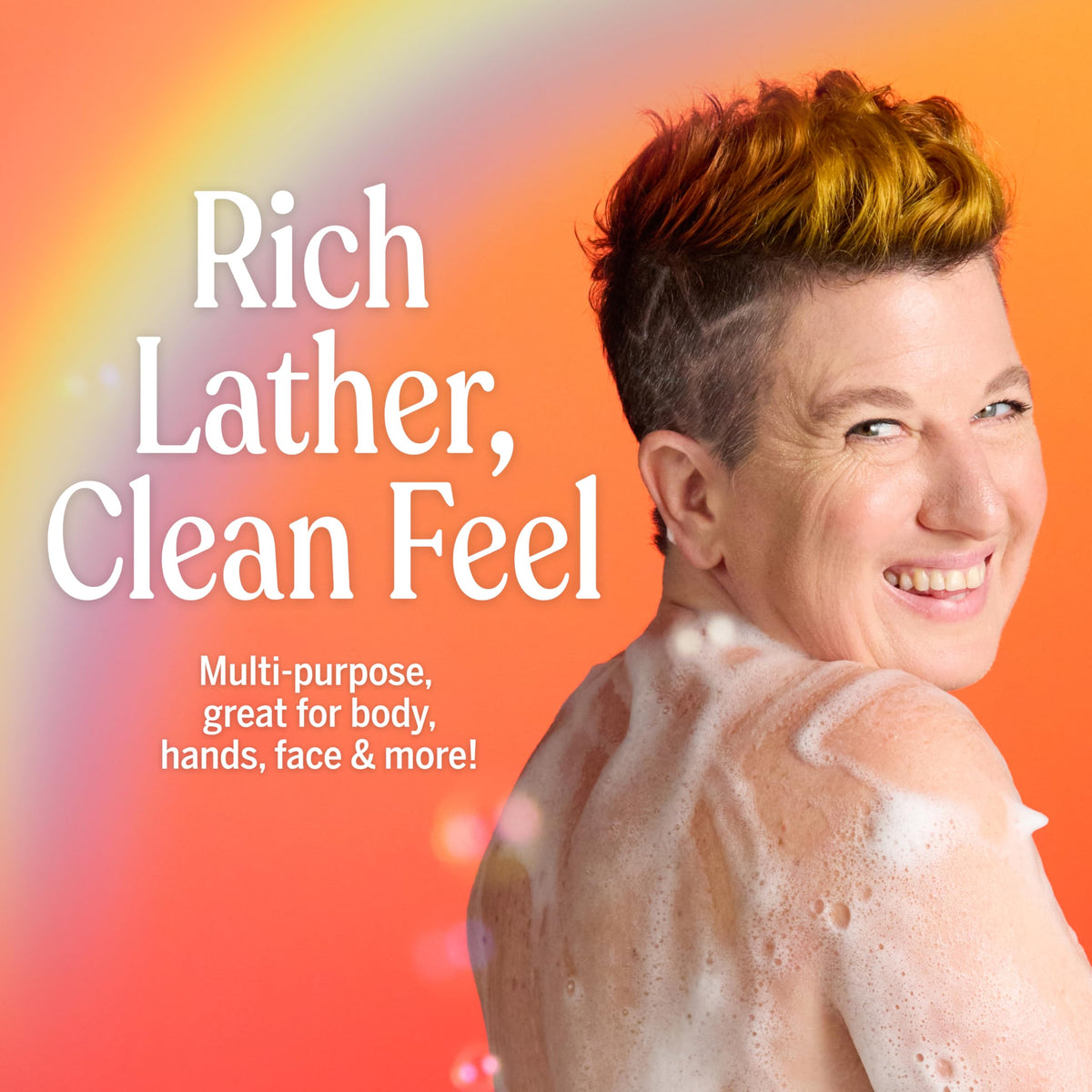 Dr. Bronner's soap being poured into a hand demonstrating gentle lather