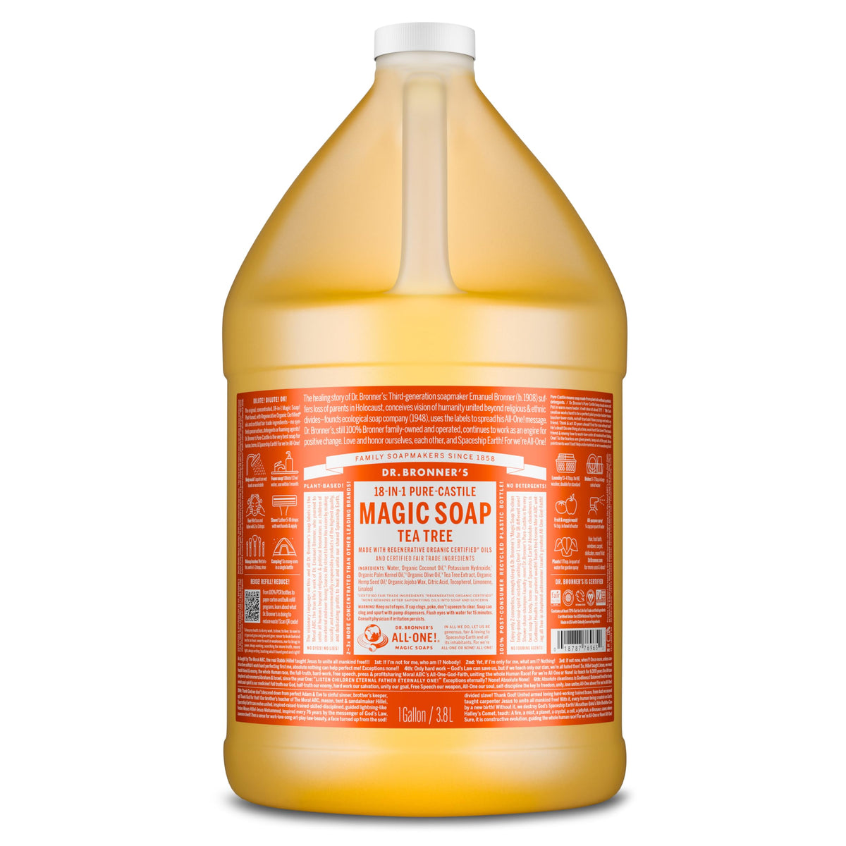 Dr. Bronner's tea tree 1 gallon front label showing product details and concentration benefit