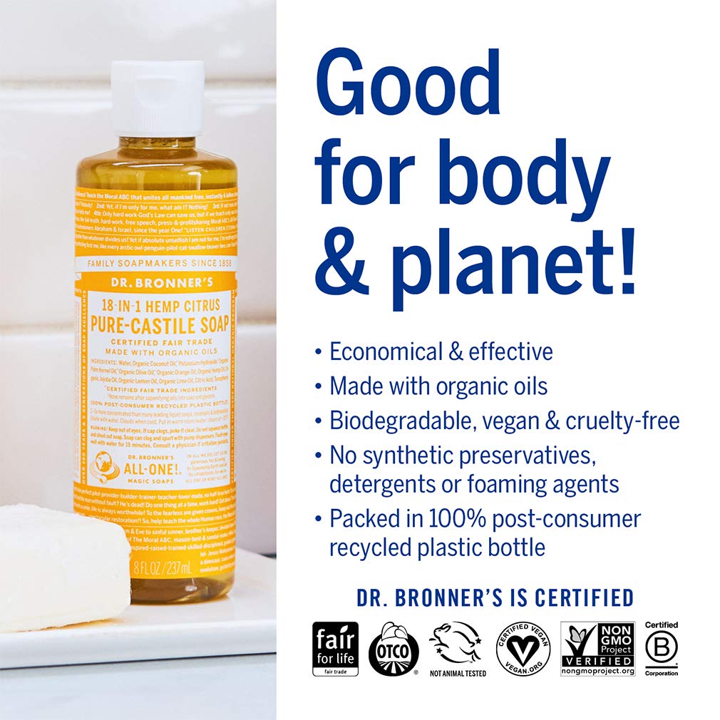 Dr. Bronner's tea tree label detail highlighting organic and fair-trade ingredient benefits