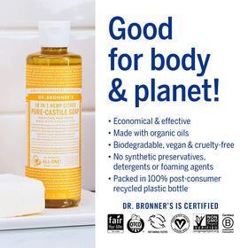 Dr. Bronner's tea tree label detail highlighting organic and fair-trade ingredient benefits