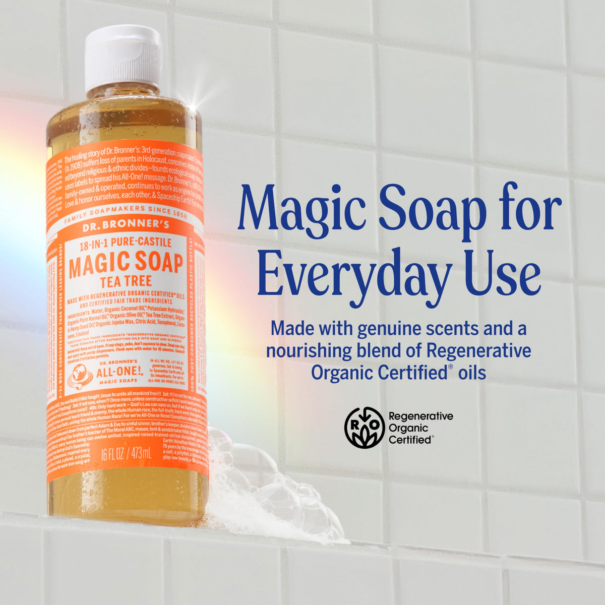 Dr. Bronner's tea tree close-up label highlighting organic ingredients and ethical sourcing