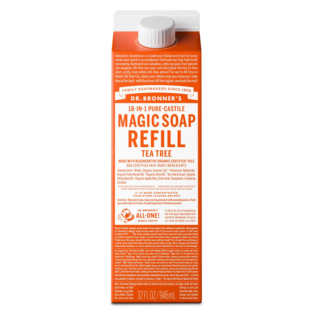 Dr. Bronner's tea tree front carton showing refill packaging and eco benefit