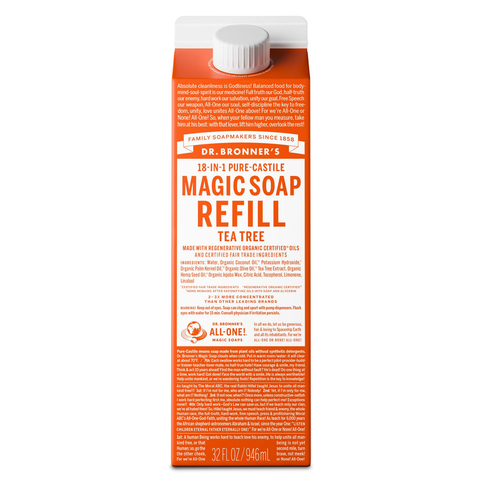 Dr. Bronner's tea tree front carton showing refill packaging and eco benefit