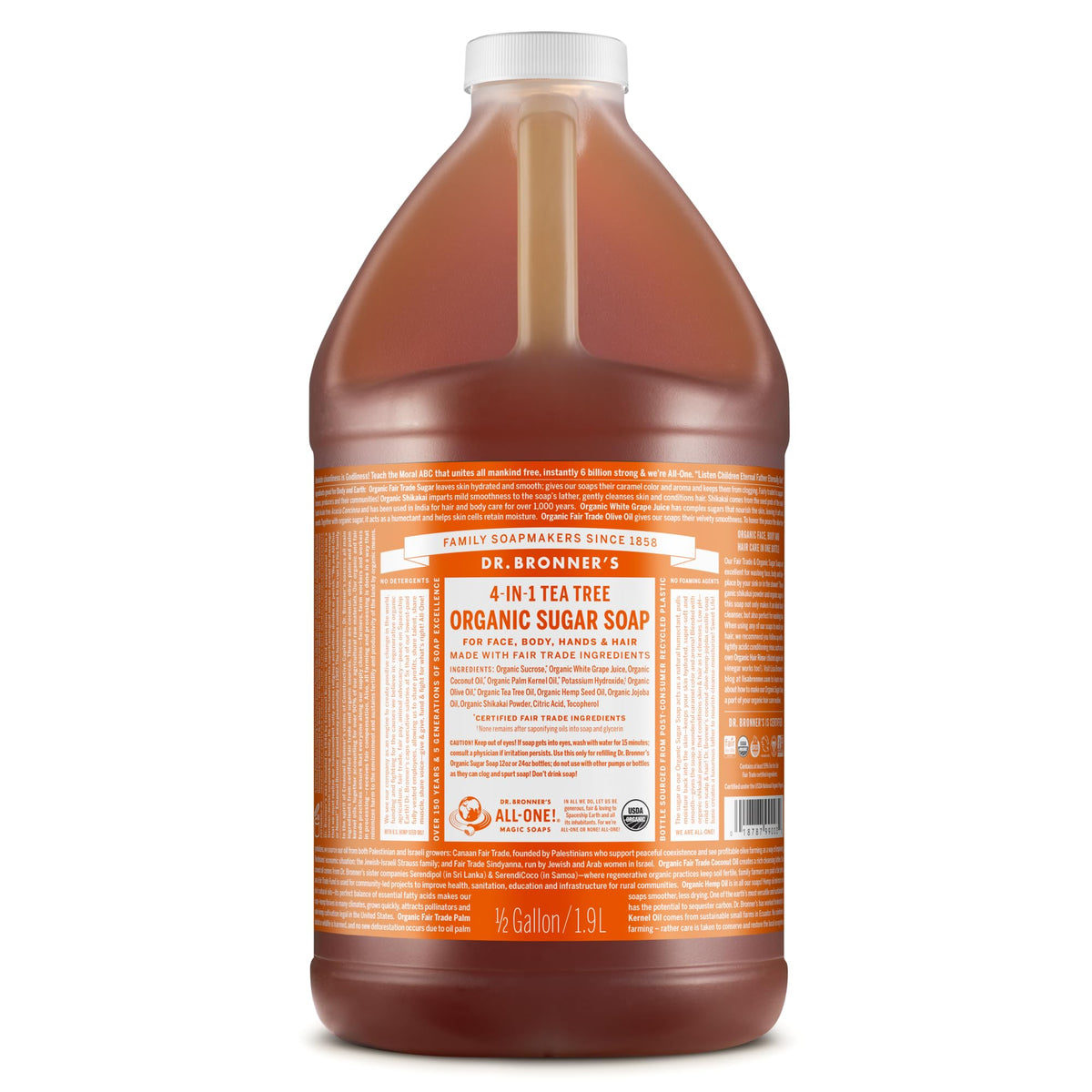Dr. Bronner's front label showing tea tree and organic benefits