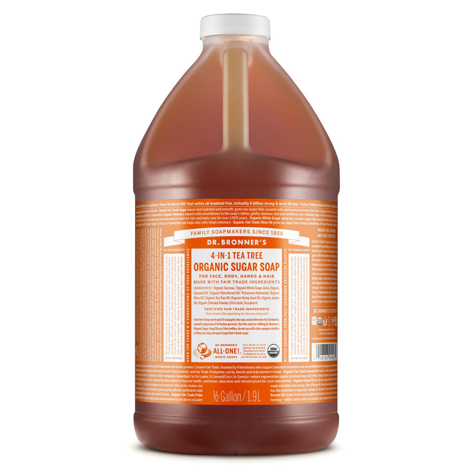 Dr. Bronner's front label showing tea tree and organic benefits
