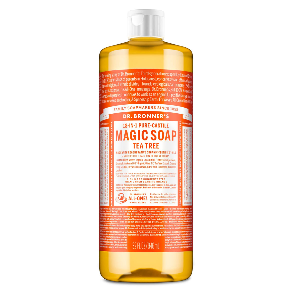 Dr. Bronner's front label showing tea tree scent and organic claims for clear choice
