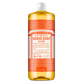 Dr. Bronner's front label showing tea tree scent and organic claims for clear choice